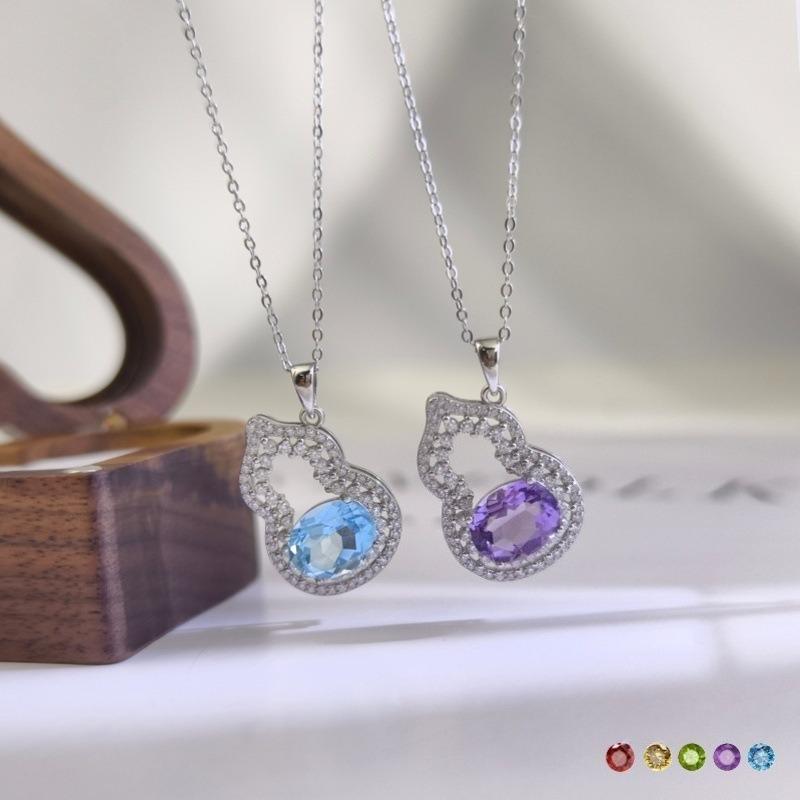 Women's S925 Sterling Silver Gourd Necklace Natural Crystal Topaz Garnet Clavicle Chain Jewelry Gift
