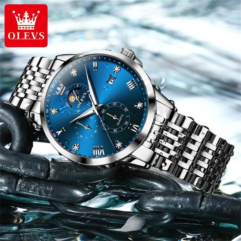 OLEVS Herrenuhren Top-Marke Mode Original Quarzuhr für Mann Wasserdicht Leuchtend Mondphase Datum Chronograph Armbanduhr