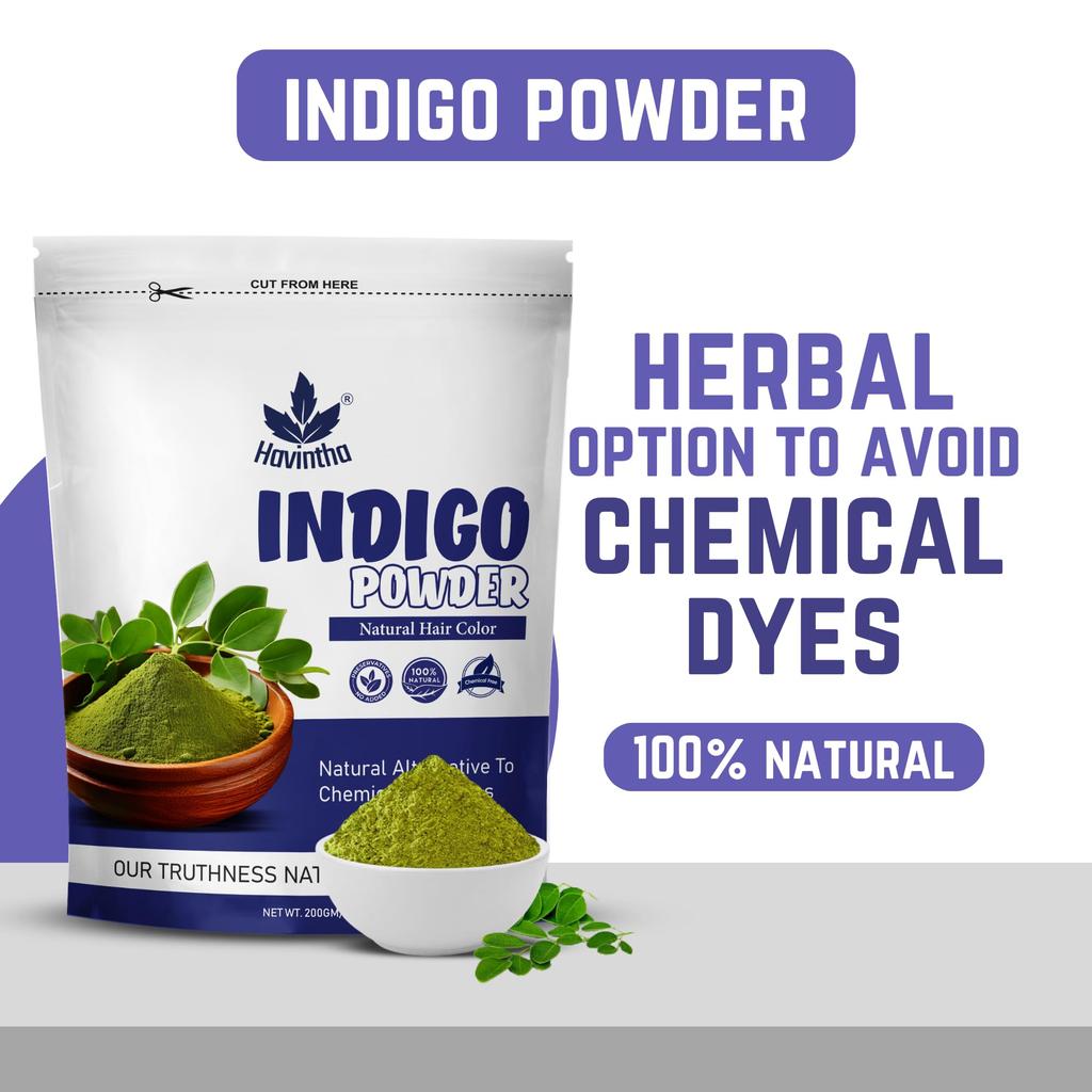 Havintha Indigo Pulver für Haare, Reine und Kräuter- und Natürliche Haarfarbe Schwarz/Braun | Haar- und Bartfarbe Indigofera Tinctoria Blattpulver - 200
