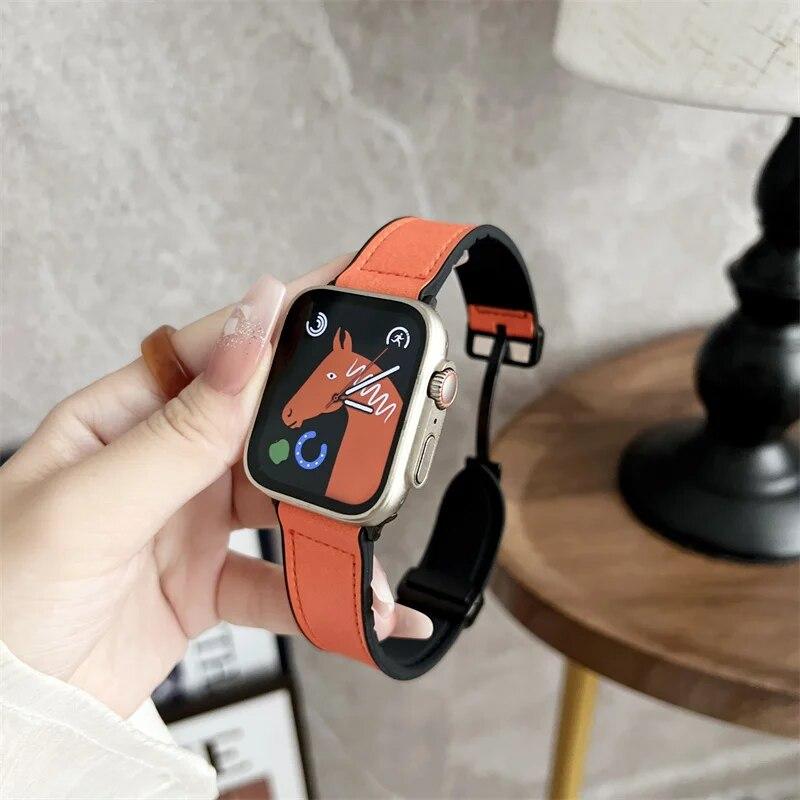 Silicon+Leather Bands for Apple Watch Strap 40mm 41mm 42mm 44mm 45mm 49mm Magnetic Buckle Bracelet iWatch Ultra SE2 8 7 6 5 4 3
