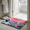Blue Wave With Cherry Blossoms Floor Mat Soft Flannel Absorbent Mat Non-Slip Rug Home Bedroom Bathroom
