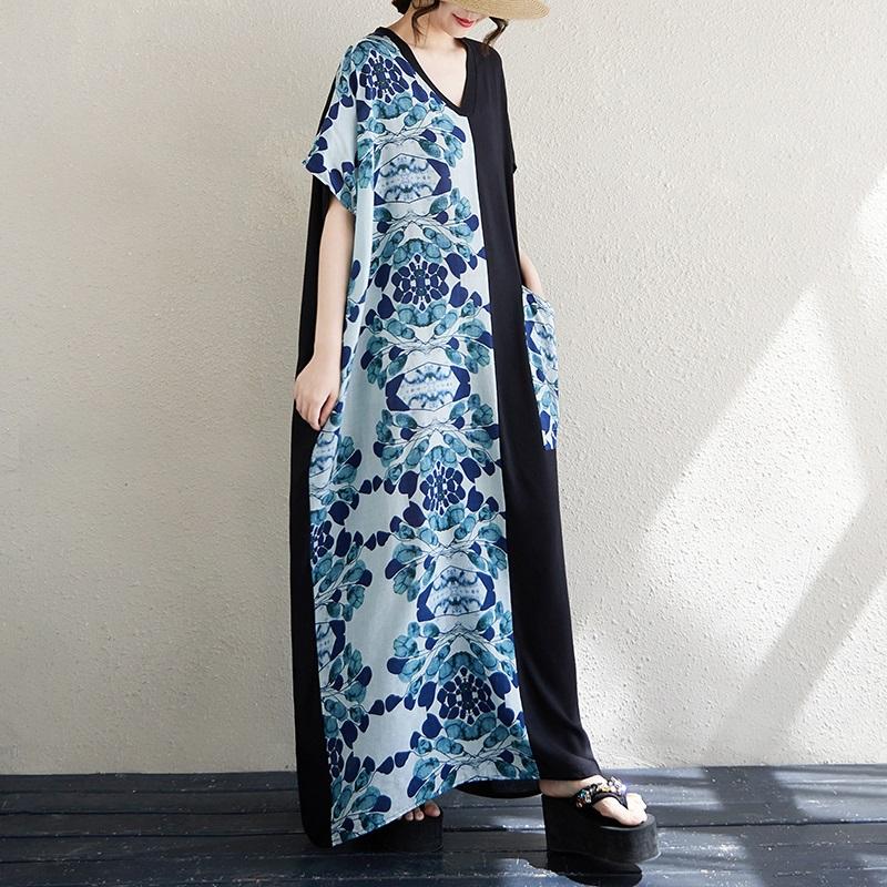 Short Sleeve Plus Size Cotton Vintage Floral New In Dresses for Women Casual Loose Maxi Long Summer Dress