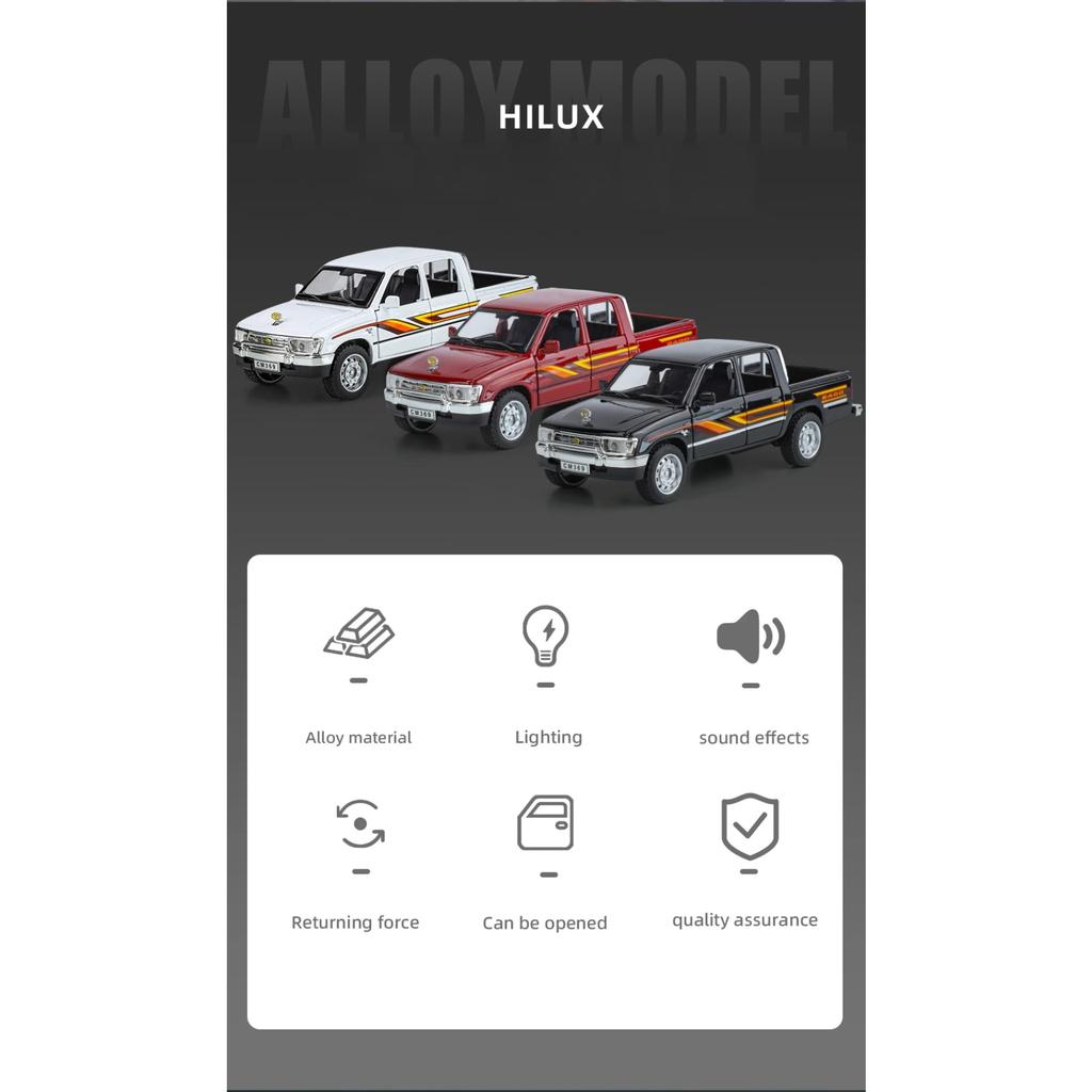1/32 Toyota Hilux Off Road Pikap Kamyonet Alaşım Metal Diecast Model Araç Minyatür Sesli ve Işıklı Koleksiyon Hediye Çocuk Oyuncak