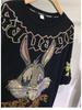 T-shirt Peony Rabbit z Diamentami Plus Size – Krótki Rękaw, Okrągły Dekolt, Modny dla Kobiet 200-300 lbs