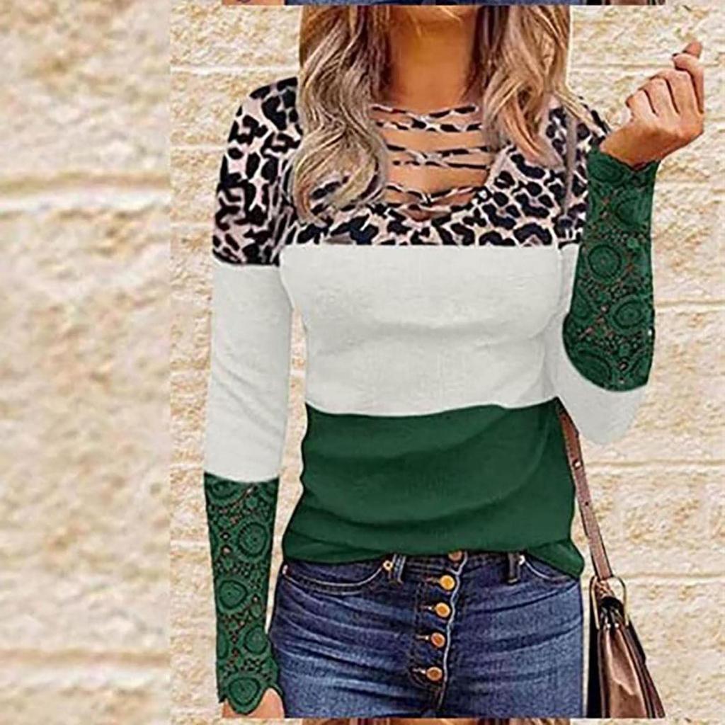Slim Knit Fall New Women'S  Lace Long Sleeve V-Neck Printed Women'S T-Shirt