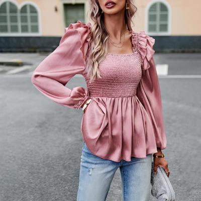 Women's Autumn Winter Square Neck Puff Sleeve Edible Tree Fungus Solid Color Shirt Blouses Temperament Commuter Tie Top