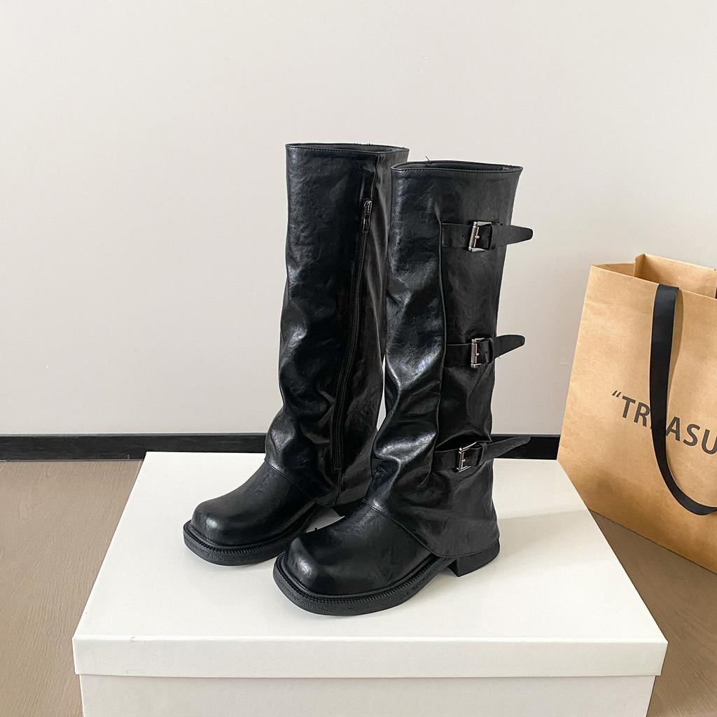 Pants, boots, women's knee fashion boots, belt buckle knight boots, but light luxury, European and American retro folds