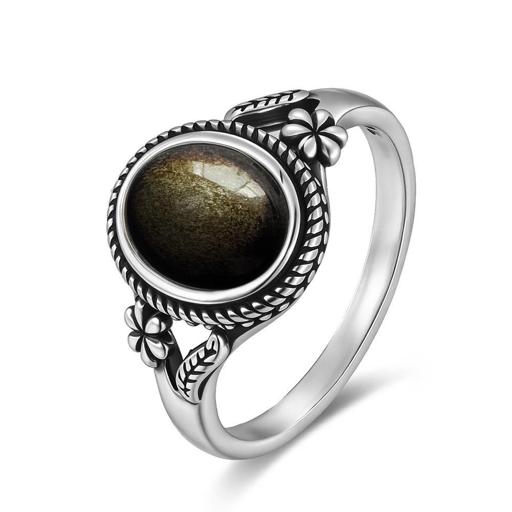 Vintage  Sterling Silver Natural Black Onyx 8*10mm Ring Flower Shaped Ring Fine Jewelry Finger Ring For Women