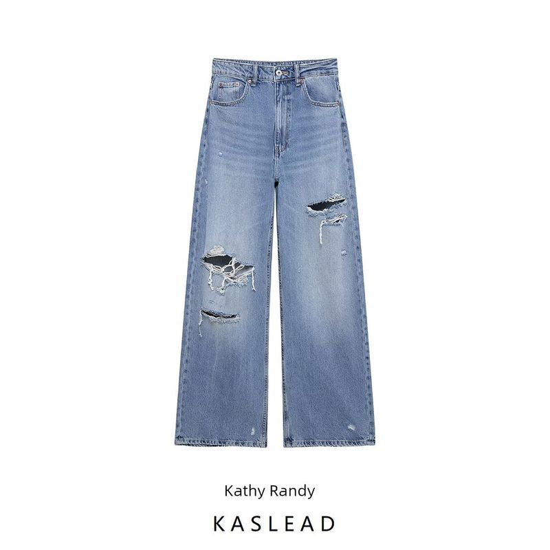 Kaslead New Arrival Women's Clothing Fashion Style Perforated Hole Decoration Loose Mid Waist Denim 8197021400