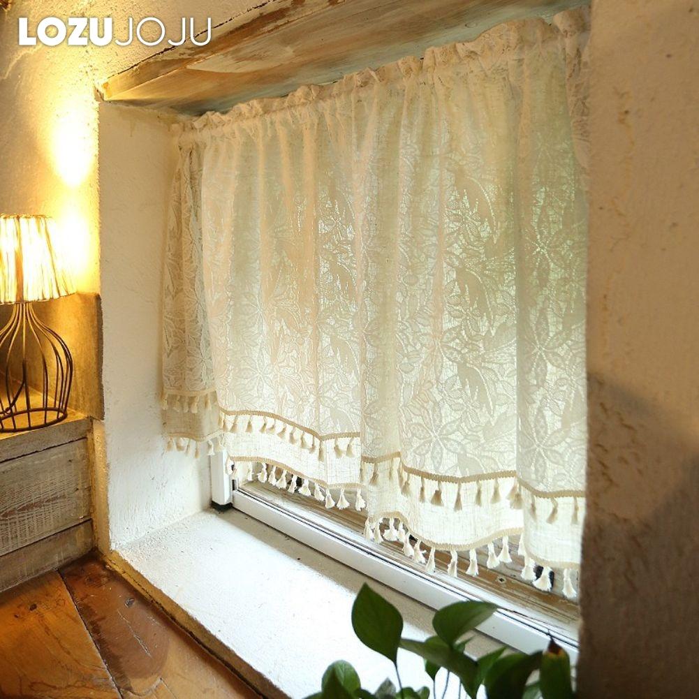 1 buc LOZUJOJU Bumbac In Dublu Strat Semi Opac Perdea Scurtă Margine cu Ciucuri Perdea de Compartimentare pentru Bucătărie Living Dormitor Dulap Decor Acasă