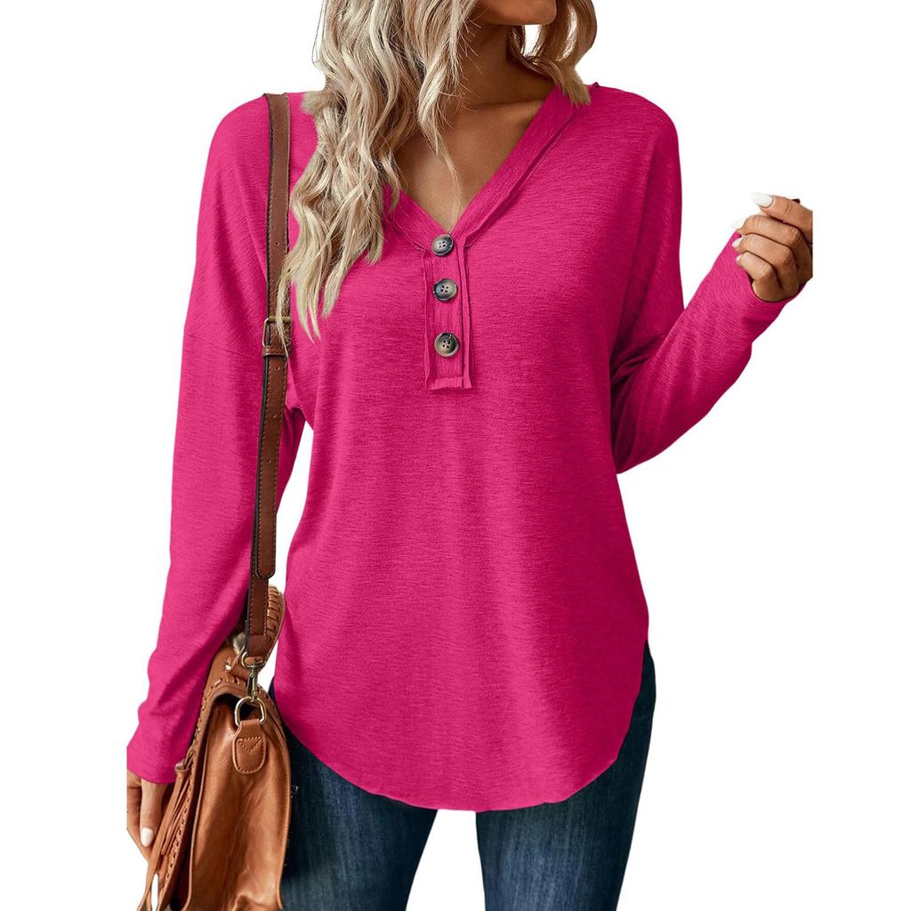 Tops For Women Long  Sleeve  Pullover V Neck Button Casual  Shirts  Top