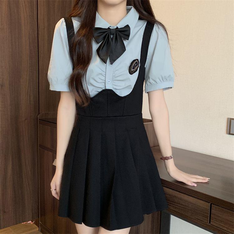 Plus Size Fishbone A-Line Strap Skirt and College Style Shirt Set - Slimming JK Design