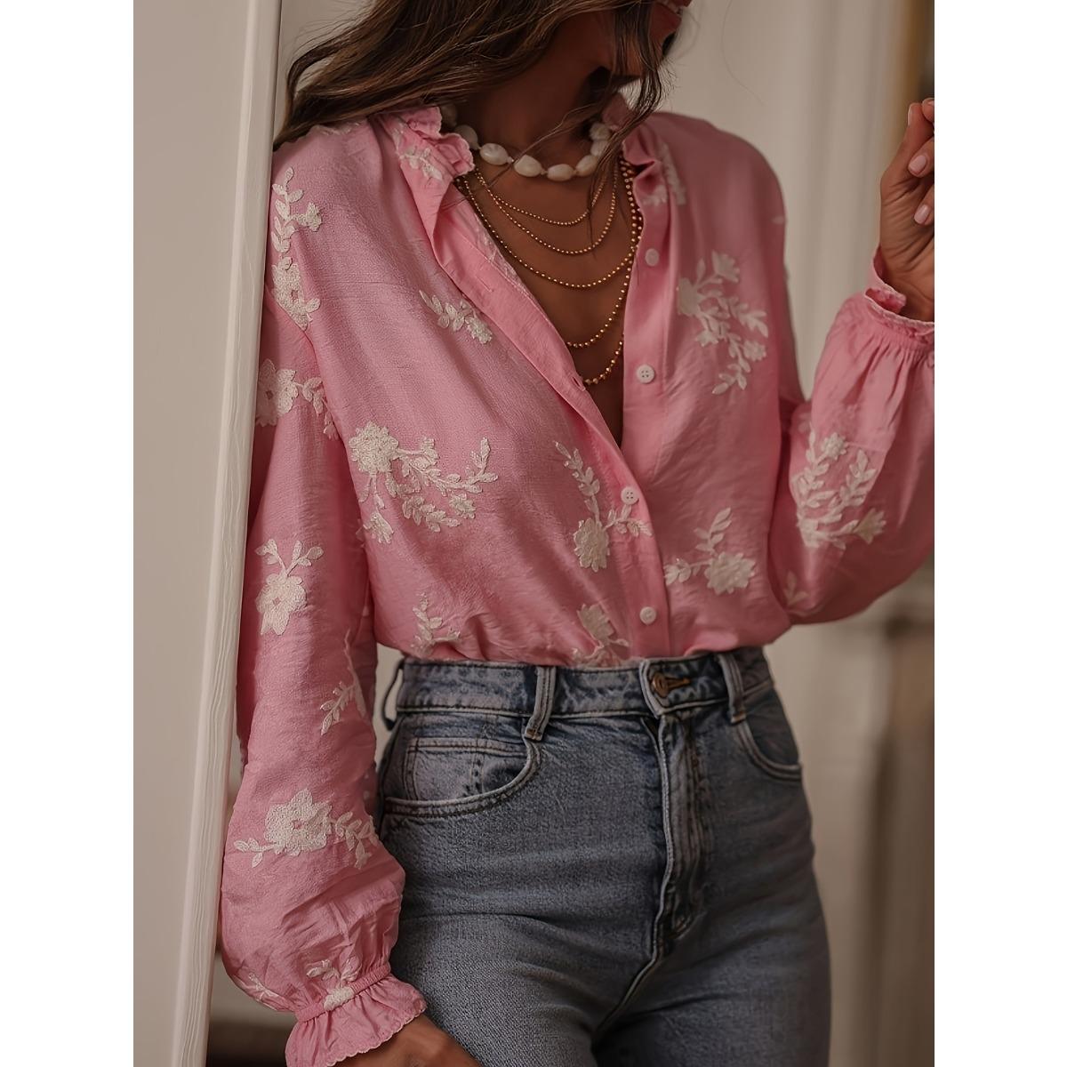 Women s Turn Down Collar Long Sleeve Loose Fit Streetwear Blouse Floral Embroidery Lantern Sleeve Shirt S