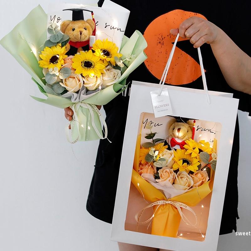 Diy Simulated Flower Bouquet Crochet Sunflower Finished Product Bouquet Graduation Doctoral Bear Valentine'S Day Birthday Gift