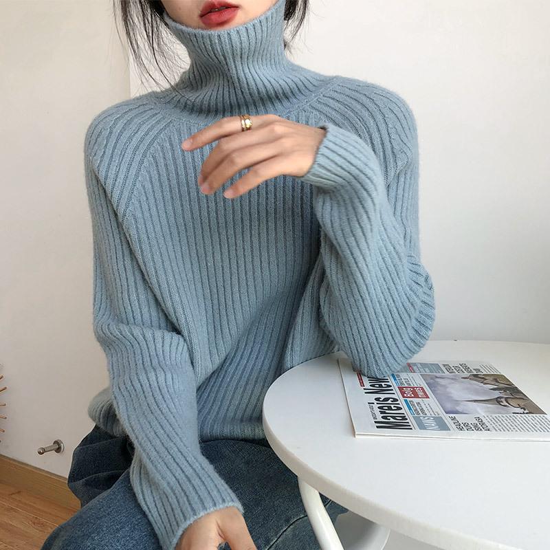 Women's Slim-Fit Ribbed High Neck Sweater - Solid Color Knit Top for Autumn/Winter