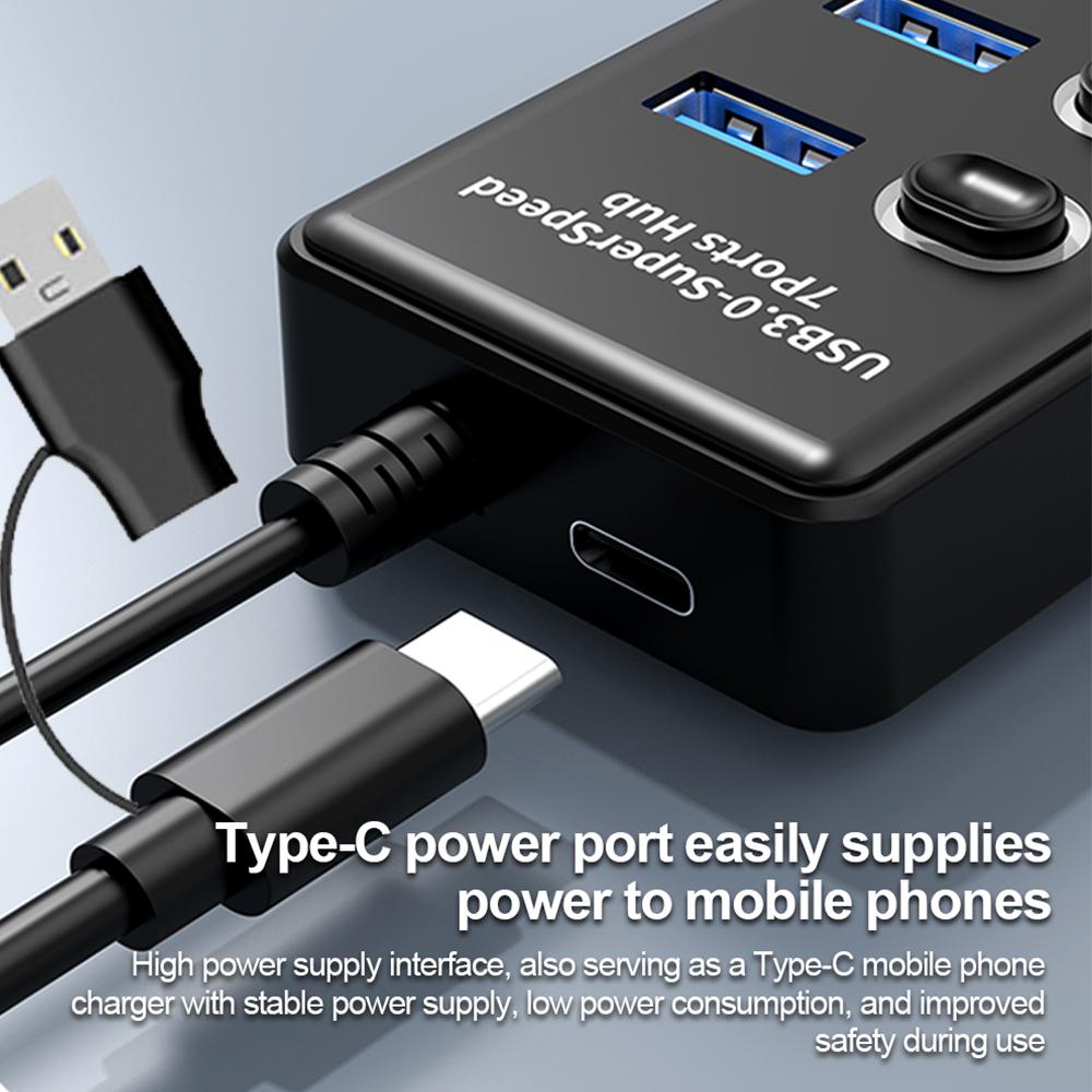 KEBIDUMEI USB HUB 7 Ports USB3.0 Splitter 5Gbps with Individual Switch Power Adapter for Laptop USB Ports Extender USB-C Docking