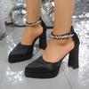 Women Summer Hot Sale Of The Season High Heels Silk Satin Square Head Ultra High Heel Sandals Water Diamond Double Layer Waterp