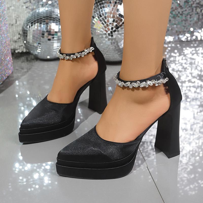 

Women Summer Hot Sale Of The Season High Heels Silk Satin Square Head Ultra High Heel Sandals Water Diamond Double Layer Waterp 35 чорний