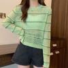 Hollow Long-sleeved Sweater Women's Spring Thin Transparent Black T-shirt Sunscreen Blouse Short Top