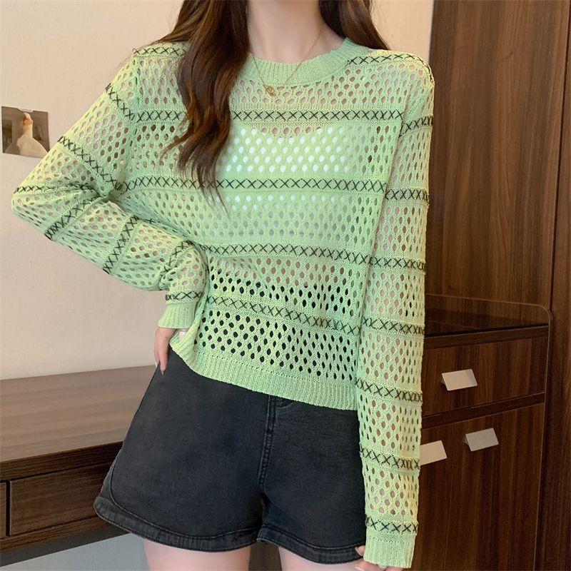 Hollow Long-sleeved Sweater Women's Spring Thin Transparent Black T-shirt Sunscreen Blouse Short Top