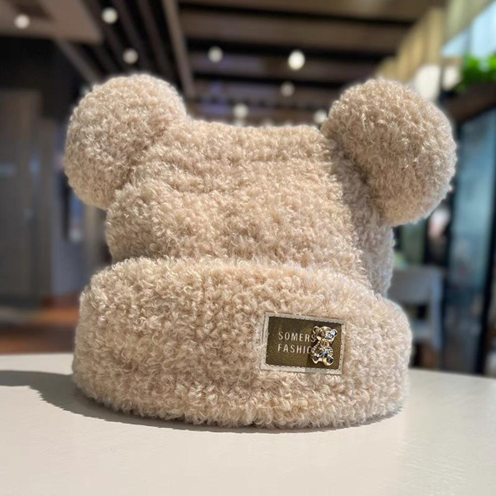 Solid Color Knitted Warm Cap Thickened Bear Ear Hat Fashion Plush Cap  Winter Outdoor