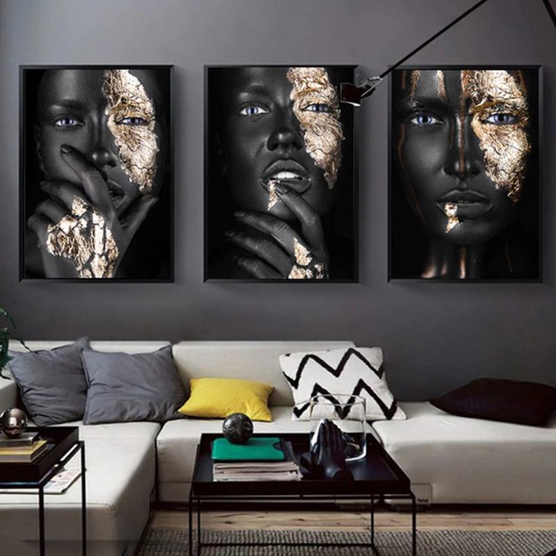 African Woman Art Black And Gold Portrait Canvas Paintings Poster Print Wall Art Picture Home Decor For Living Room Frameless