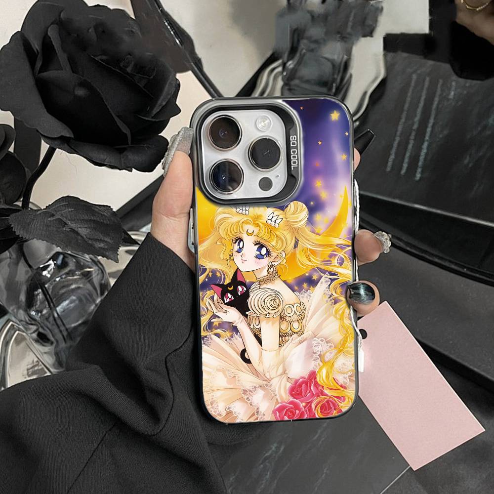 Cartoon I-Sailor M-Moon Phone Case For iPhone17, 16,15,14,13,12 Pro Max Black Candy Matte Shockproof Cover