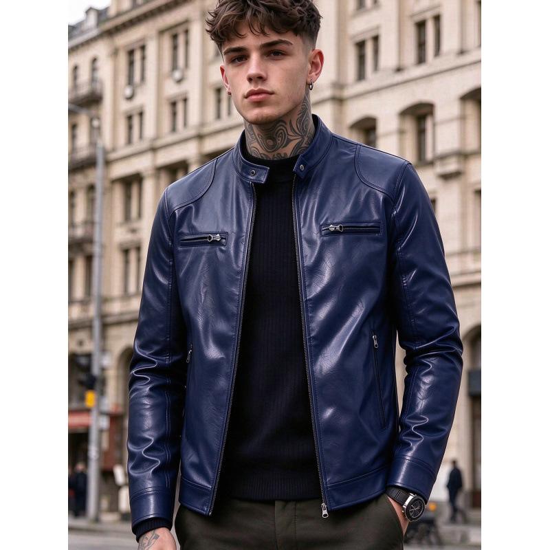 New men's stand-up collar PU leather jacket slim locomotive jacket autumn business casual ruffian handsome jacket
