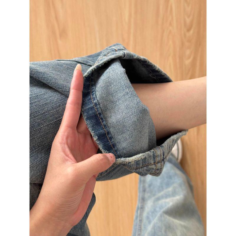 Women's Retro Blue Rivet Wide-Leg Jeans: Spring/Autumn 2025 Distressed Street Style Straight-Leg Pants