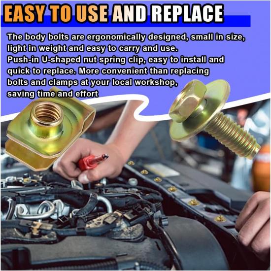 40PCS Car Body Bolts M6-1.0 & Extruded U-Nuts Clips Kit, Bumper Fenders Liner Push Retainer Fastener Kit For Engine Under Cover Undertray, Universal