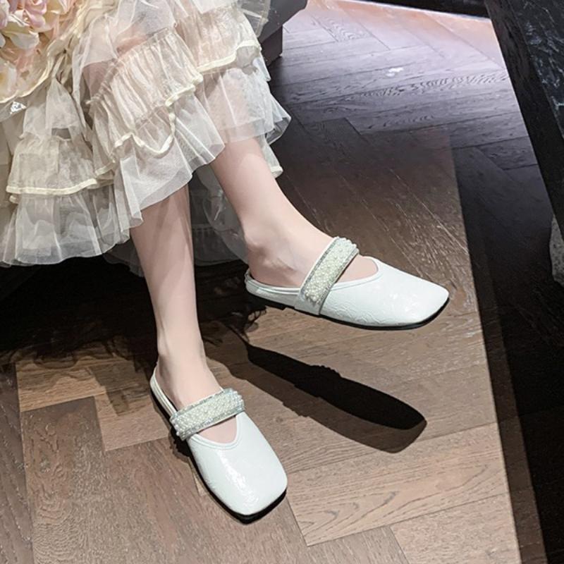 Fashion Summer 2025 Flats Mules Women Shoes Slingback Slippers Women Designer String Bead Square-toed Sandals Dress Fashion Slides Women