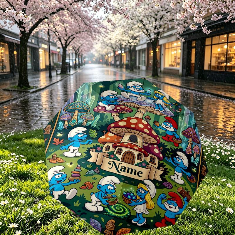 Custom Name Personalized The Smurfs Print Umbrella, Auto Open Close, 8‑Rib Sturdy Frame, Commute Camping Hiking Use, Birthday Gift