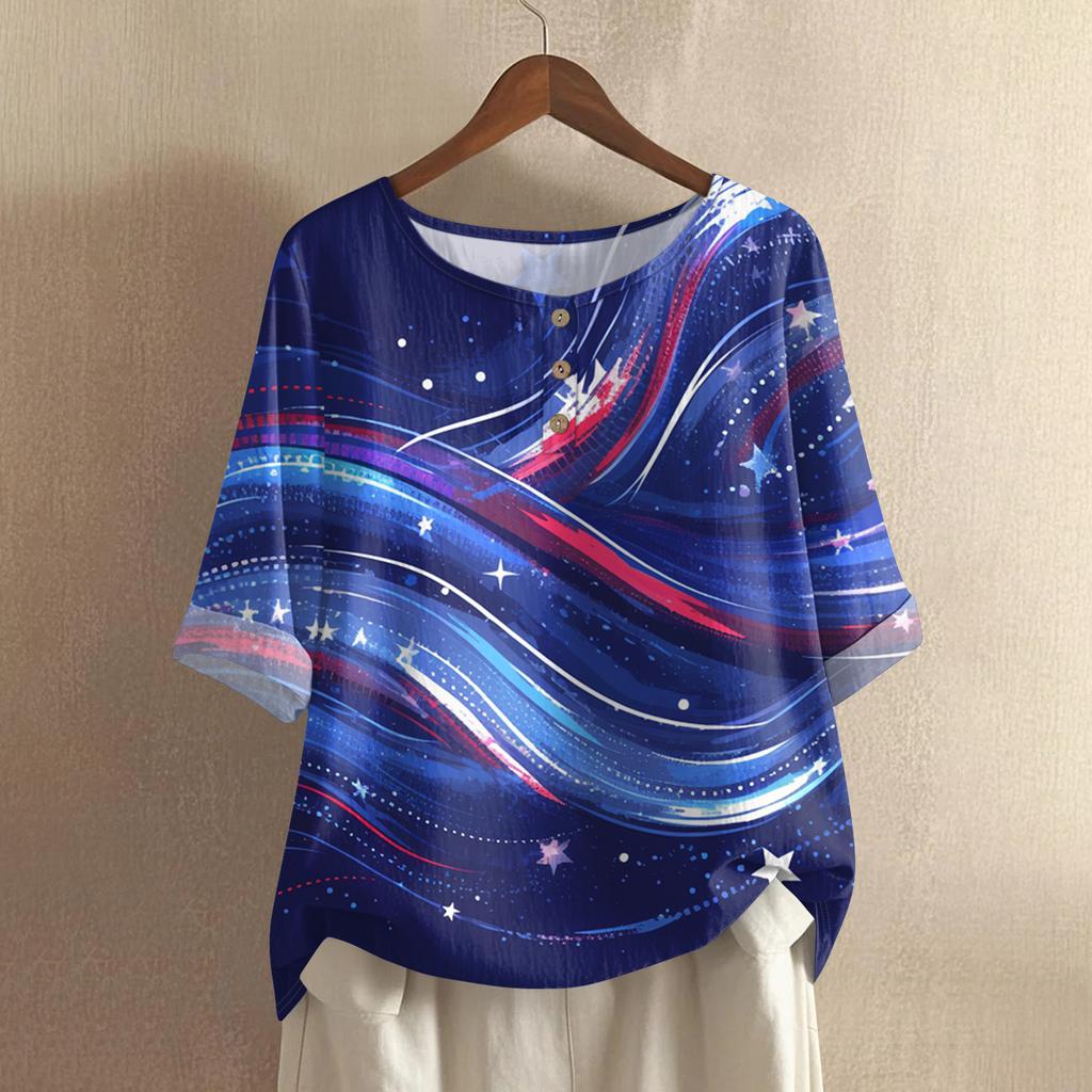 Women's Fashionable And Casual Shirt Half-sleeve Round Neck Print Cotton And Linen Blouse Top