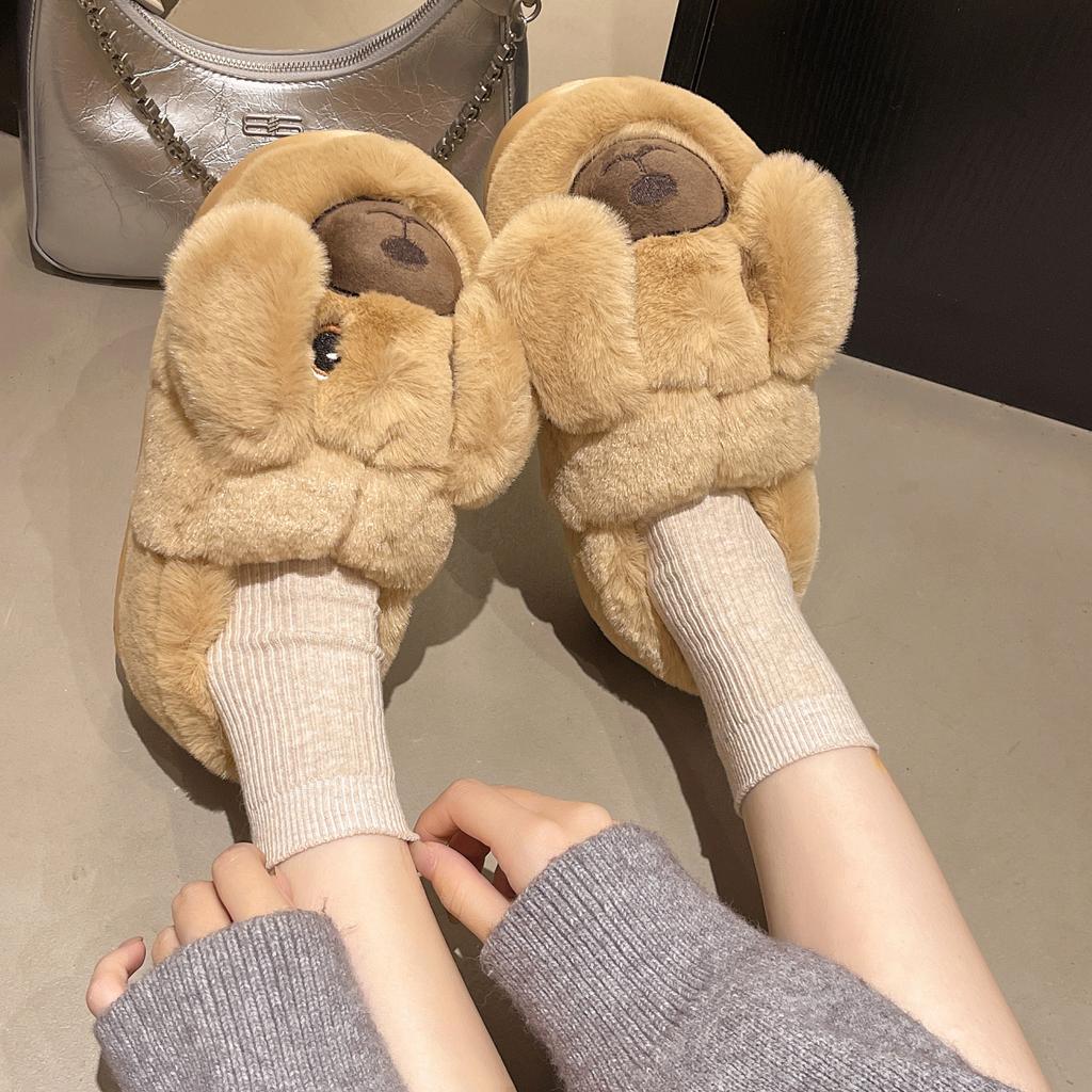 Soft warm cotton slippers female cute autumn and winter new outer wear fluffy slippers home cartoon puppy fluffy