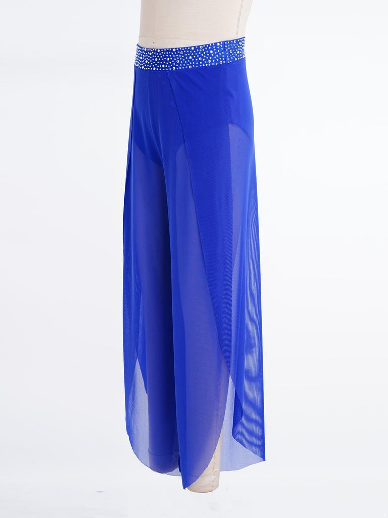 Kids Girls Lyrical Dance Pants Shiny Rhinestone Waistband Side Split Mesh Trousers for Stage Performance Competition
