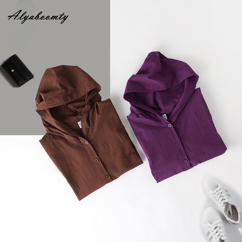 Korean Fashion Summer Women Oversized Cardigan Hooded Coffee Purple Cotton Linen Casual Loose Blouse Plus Size Vintage Ladies Thin Coat