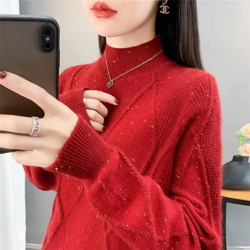 

новый полуводолазка с длинными рукавами зимний женский свитер яркая шелковая нижняя рубашка с термобельем внутри осенняя и зимняя одежда One Size красный