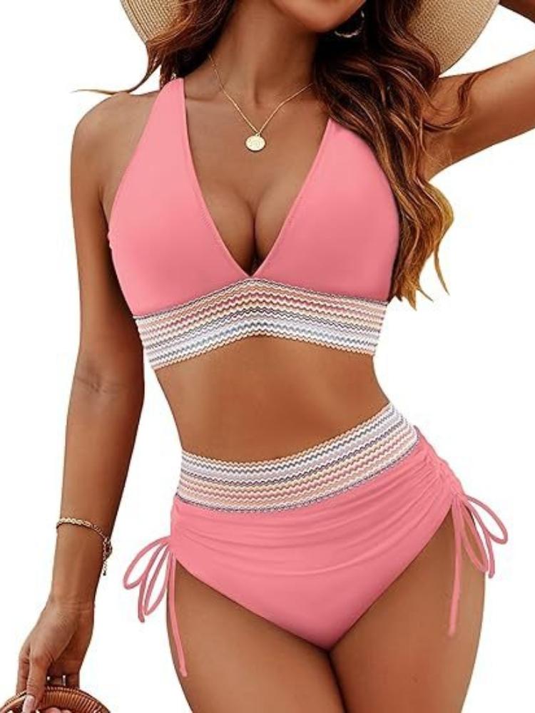 Large Size Women’s High-Waist Bikini Set, Sexy V-Neck Tankini Bathing Suit Two-Piece Drawstring Push-Up Swimwear