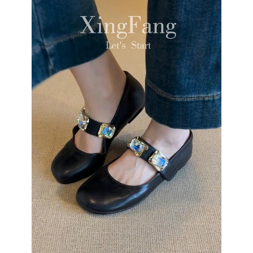 Super Soft Sheepskin Rhinestone Word with Square Head Mary Jane Shoes Women's New French Versatile Leather Shallow Mouth Flat Shoes