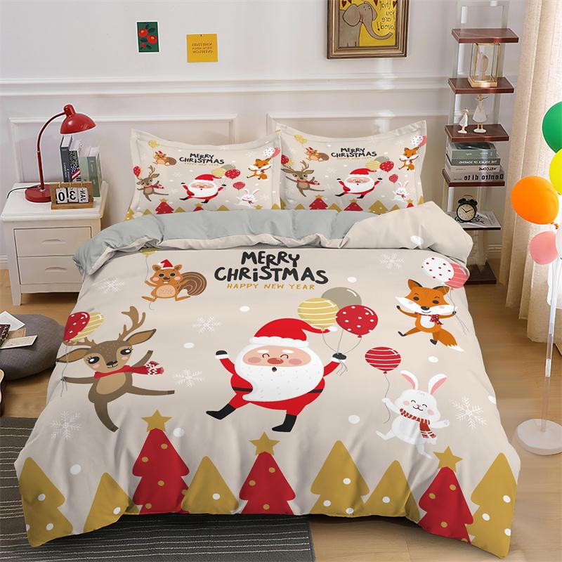3D God Jul Kung Drottning Sängklädesset Barn Tecknad Jultomte Snögubbe Ren Täcköver XMAS Påslakan Polyester Quiltöverdrag