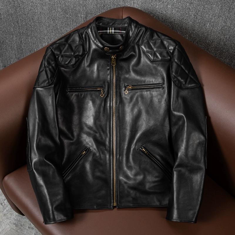 

Новая мужская байкерская куртка, короткая, приталенная, из натуральной лошадиной кожи, осенняя, со стойкой S чёрный