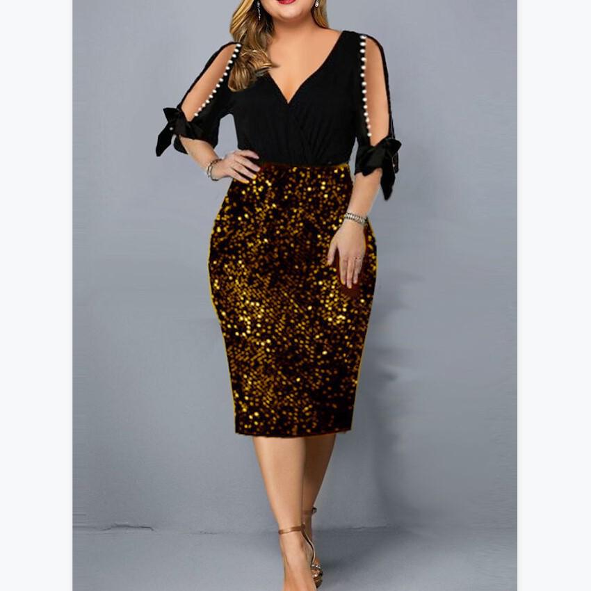 European & American V-Neck Sequin Plus Size Dress: Stylish & Unique Design