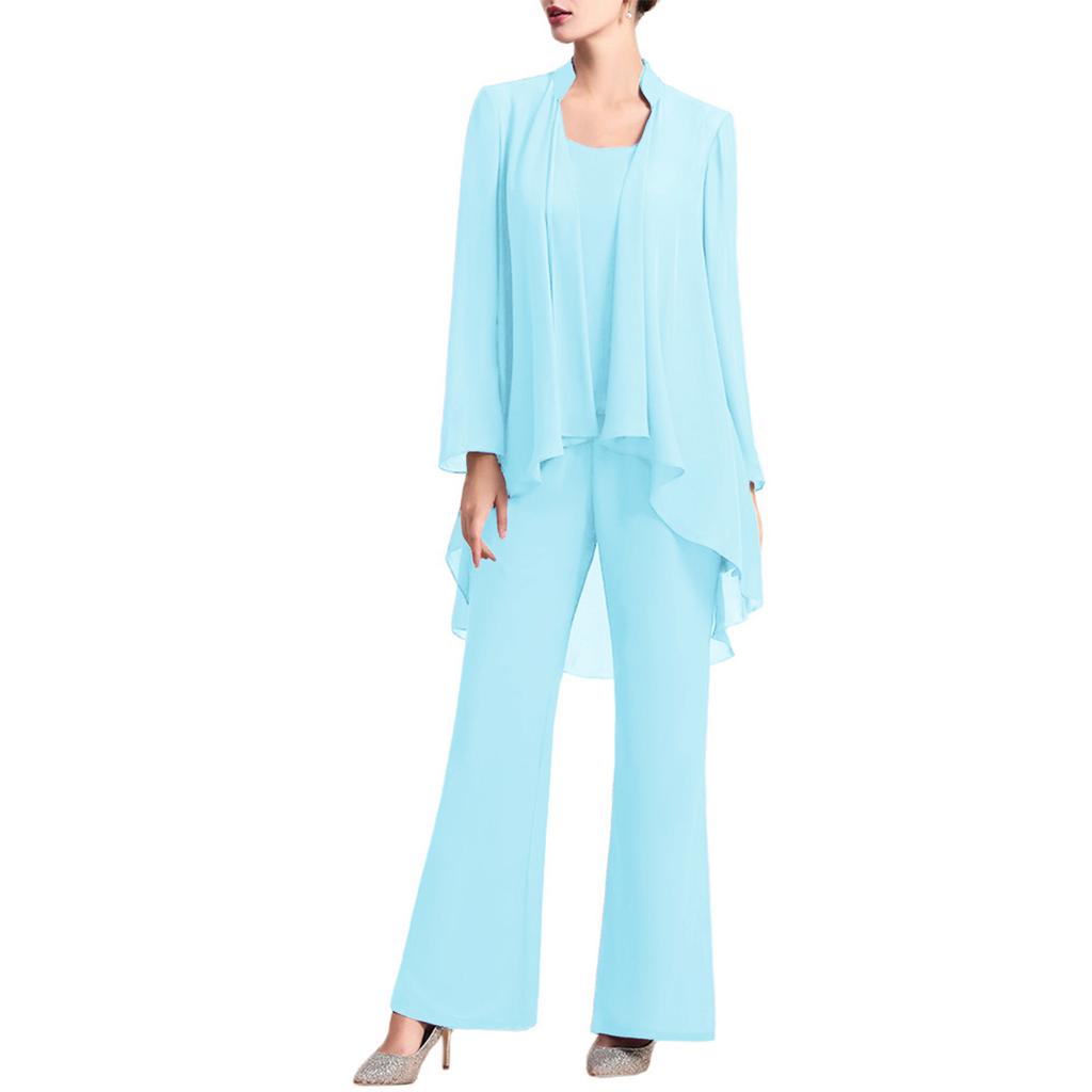 Dames elegant chiffon feestpak 3-delige outfits tanktop lange mouw open vest en lange broek set