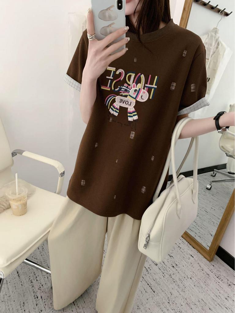 2026 Korean Style Embroidered Cartoon Letter Women's Loose Cotton T-Shirt, Casual Short Sleeve Top for Spring/Summer.