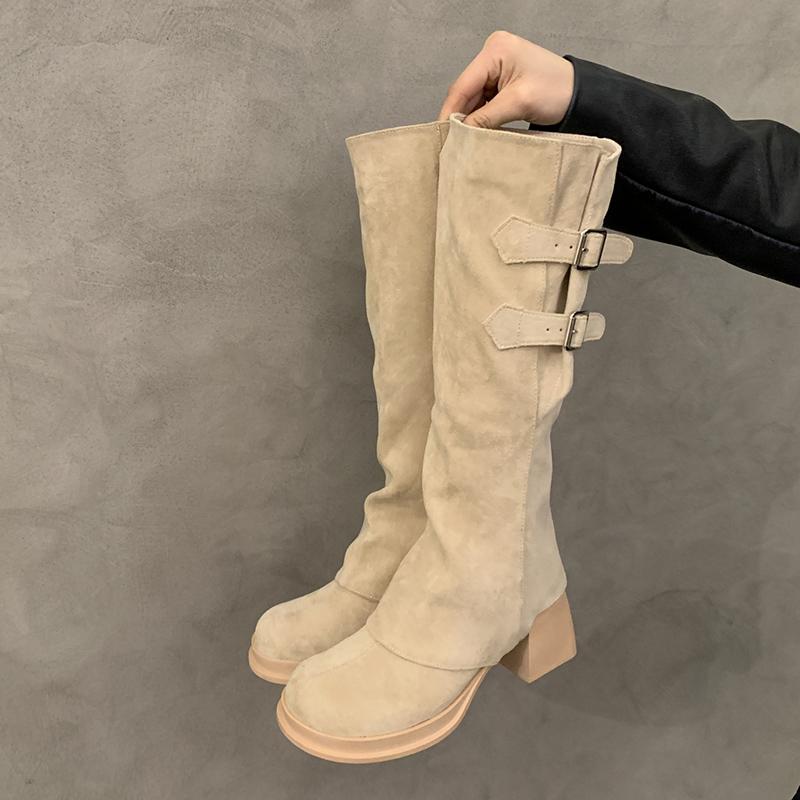 Fashion Autumn Winter Designer Buckle Strap Women Knee High Boots Fashion THick Heels Comfortable Long Botas