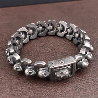 Bracelet Crâne Dominant Homme Vintage Tendance Bracelet à Breloques en Acier Inoxydable Punk Hip Hop Manchette Moto Bijoux