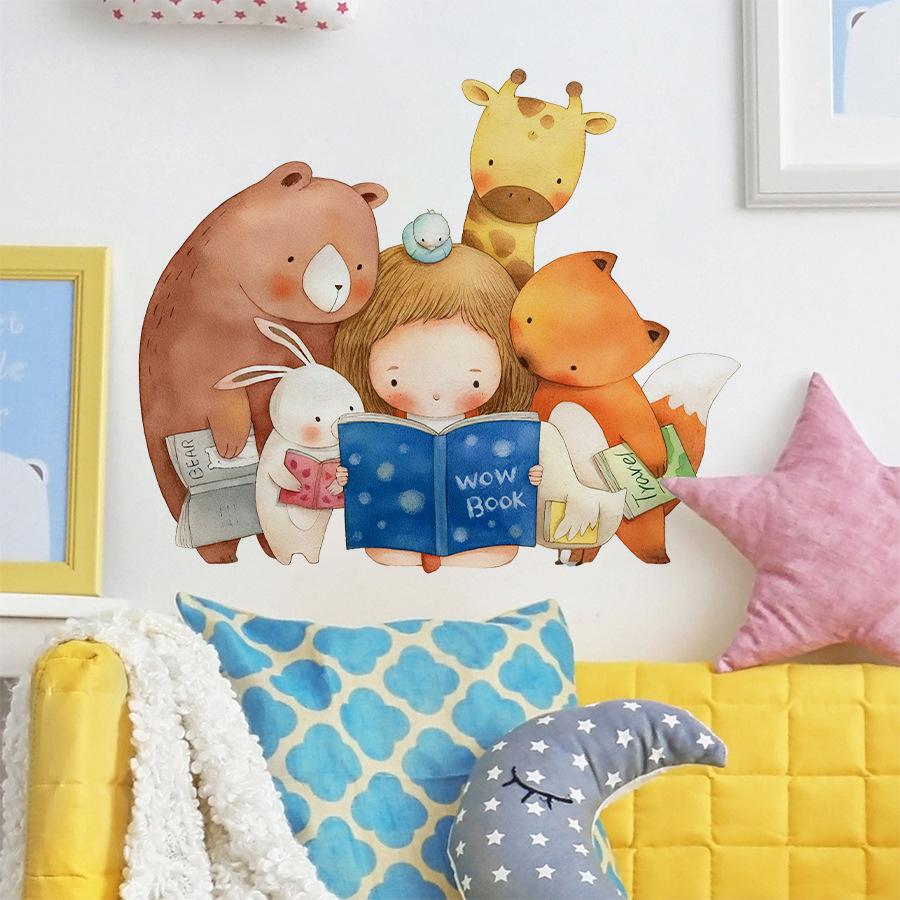 Girl and Animals Reading Theme Self Adhesive Wall Sticker for Kids Room Early Learning Center Warm Home Decor