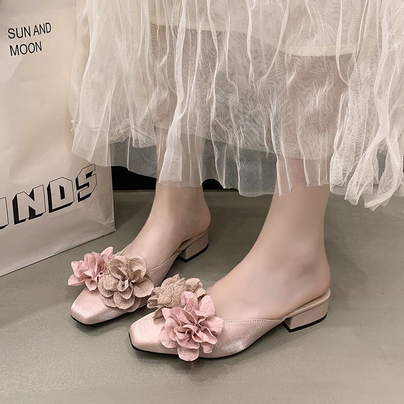 High Heels Women's Spring and Summer New Baotou Flower Sandals Square Head Thick Heel Shallow Mouth Outer Slippers Women