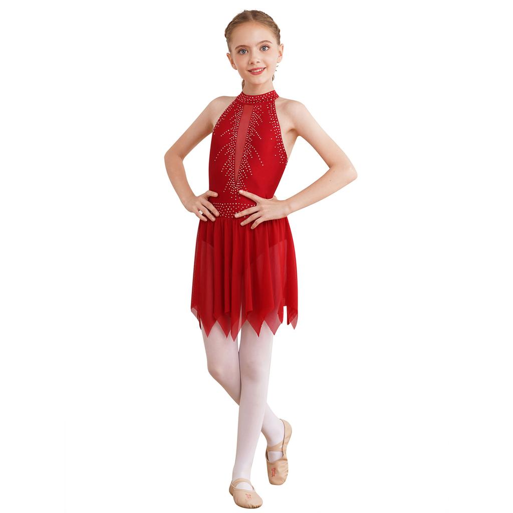 Figure Skating Dress for Girls Shiny Rhinestone Ice Skating Dress Ballet Dance Leotard Dress for Competition Costume
