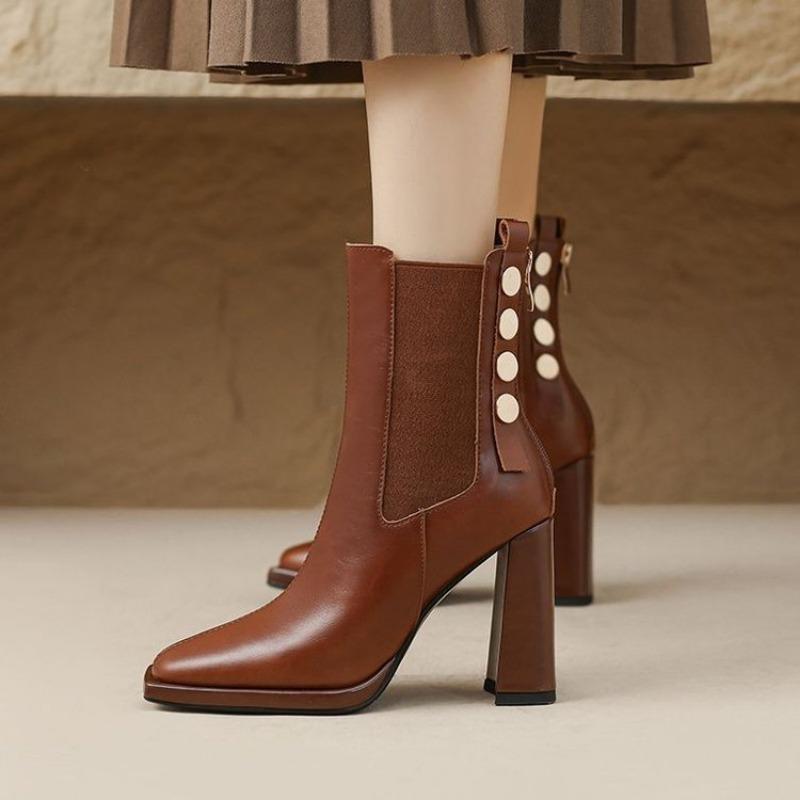 Winter New Thick Heel Cotton Boots Women's Square Head Back Zipper Rivet Anti-slip Wear-resistant Short Boots